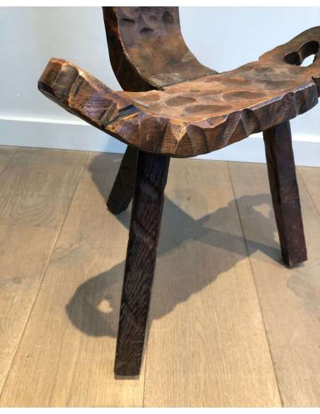 Brutalist tripod chair and its footrest from the 20th century-Bozaart