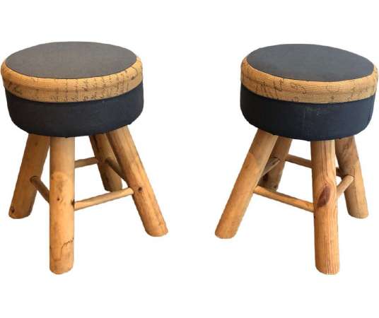 Pair of vintage pine stools from the 20th century