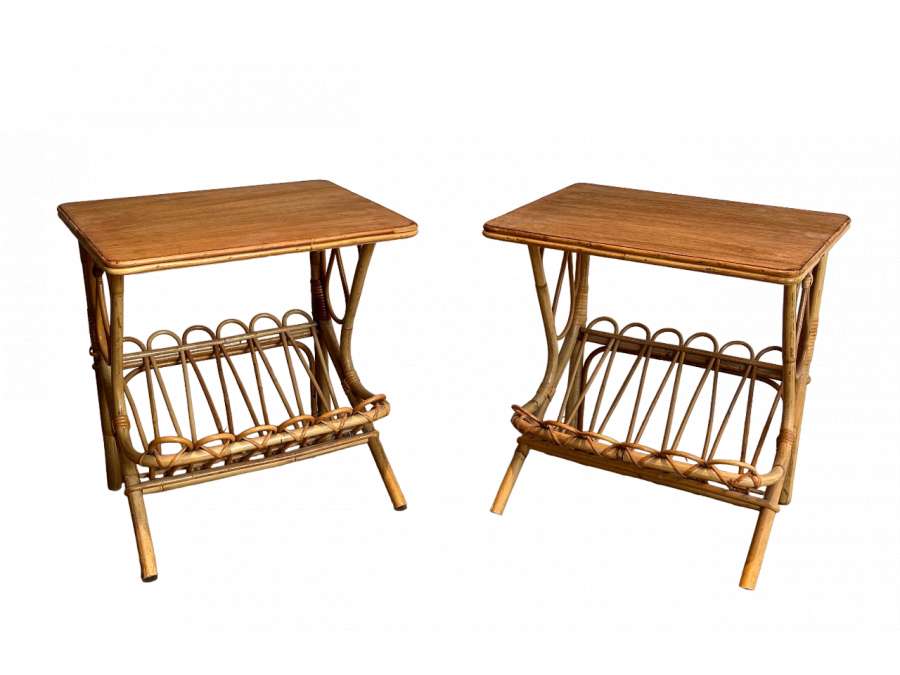Vintage pair of rattan magazine rack sofa ends+ from the 20th century