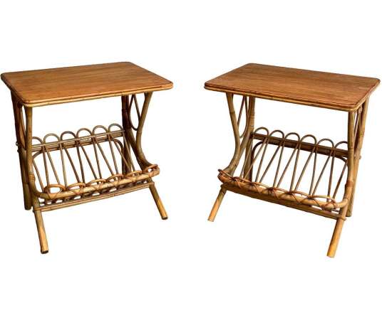 Vintage pair of rattan magazine rack sofa ends from the 20th century