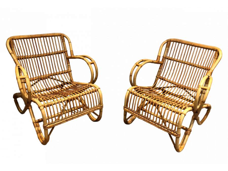 Paire de fauteuils vintage en rotin+ du 20ème siècle