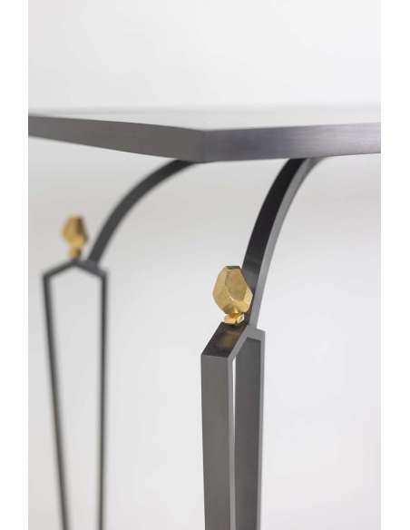 Console in steel and patinated brass contemporary work by Antoine Dariule-Bozaart