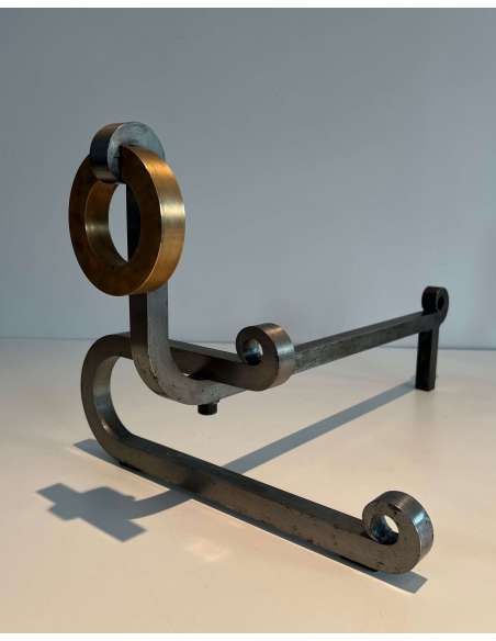 Pair of modernist iron andirons Contemporary work, Year 70-Bozaart
