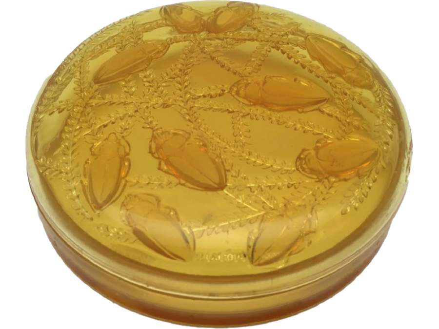 René LALIQUE Boite ronde +en verre pressé moulé jaune translucide, +modèle "Cleone"