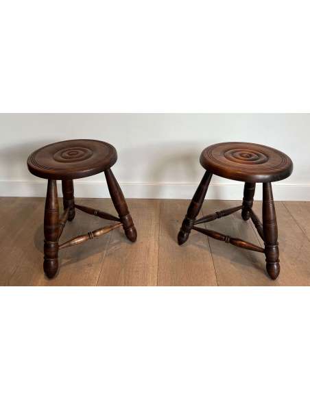 Pair of vintage turned wood stools from the 20th century-Bozaart