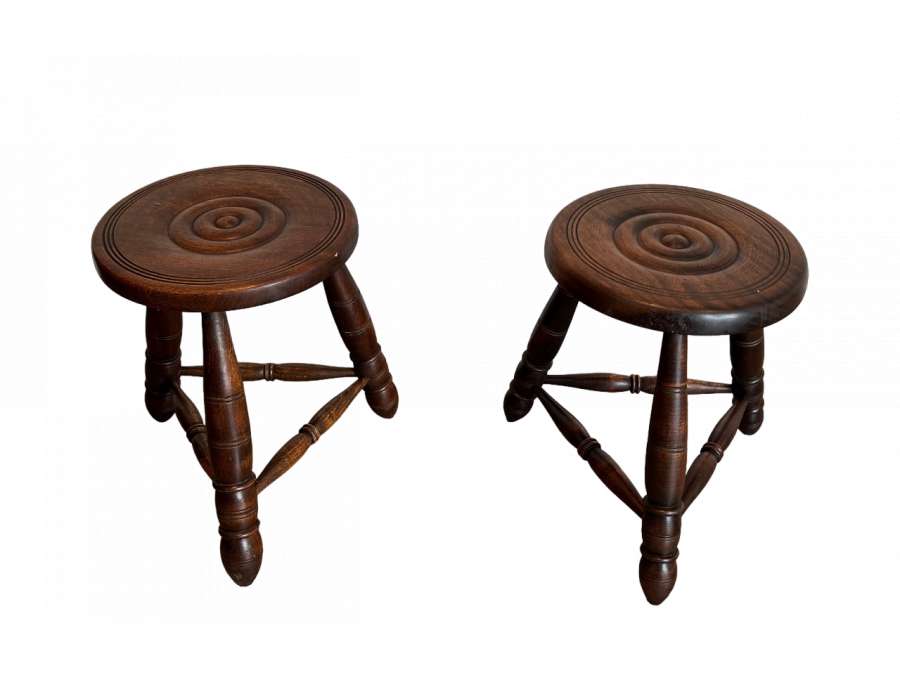Pair of vintage turned wood stools+ from the 20th century