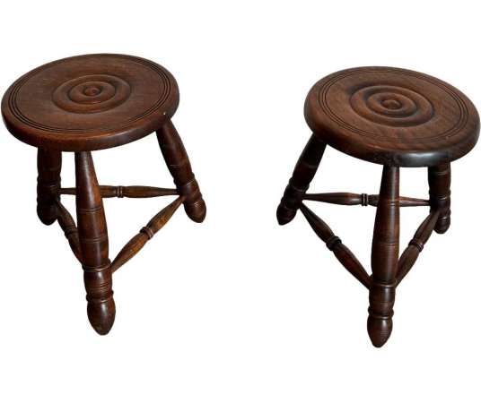 Pair of vintage turned wood stools from the 20th century