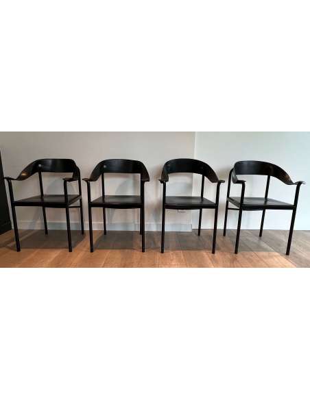 Suite of 4 vintage leather and metal armchairs from the 20th century-Bozaart