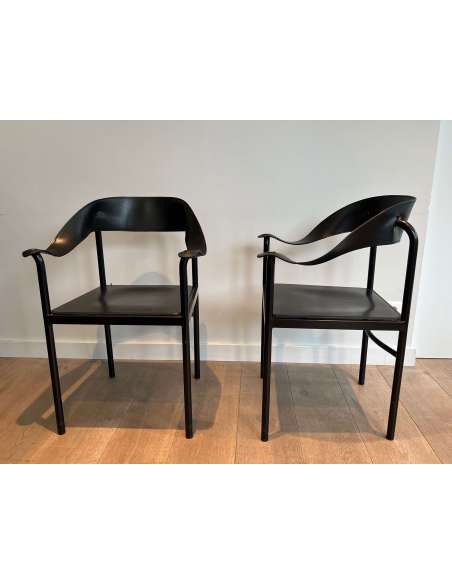 Suite of 4 vintage leather and metal armchairs from the 20th century-Bozaart