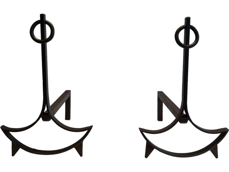 Pair of modernist wrought iron andirons+ Contemporary work, Year 70