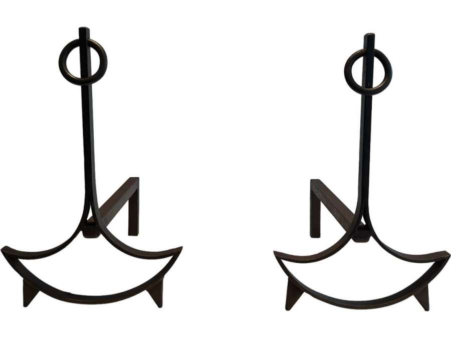 Pair of modernist wrought iron andirons Contemporary work, Year 70