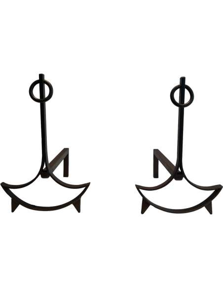 Pair of modernist wrought iron andirons Contemporary work, Year 70-Bozaart