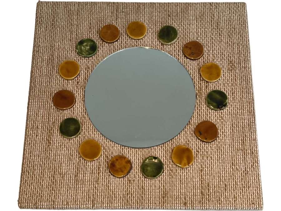 Small vintage mirror in raffia and ceramics+ from the 20th century