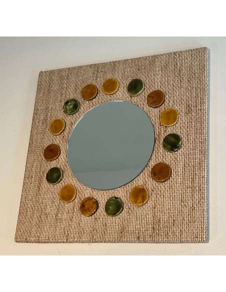 Small vintage mirror in raffia and ceramics from the 20th century-Bozaart