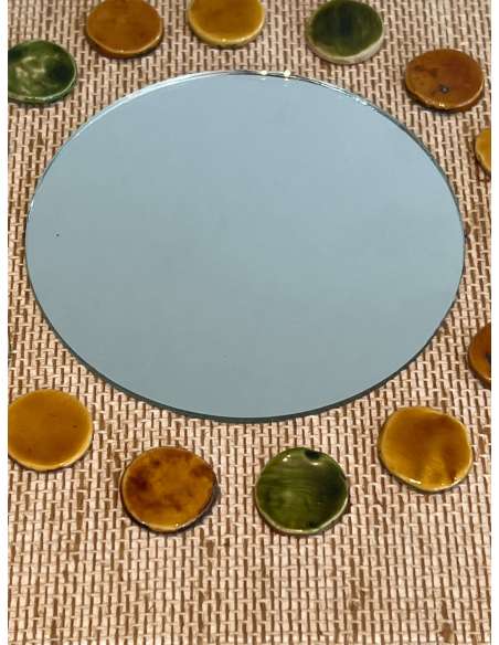 Small vintage mirror in raffia and ceramics from the 20th century-Bozaart