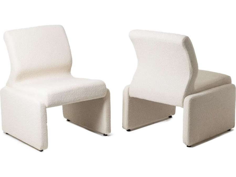 Pair of white bouclé low chairs+ from the 20th century