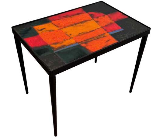 Small lacquered metal and ceramic table from the 20th century