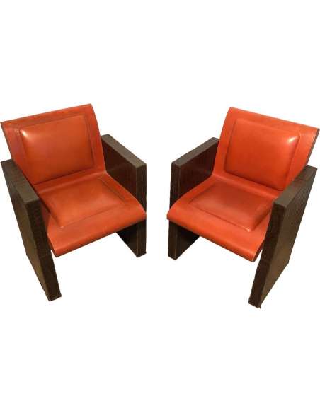 Pair of vintage leather armchairs from the 20th century-Bozaart