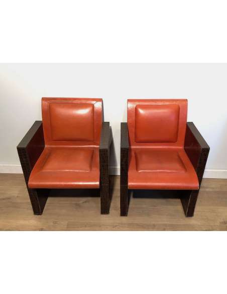 Pair of vintage leather armchairs from the 20th century-Bozaart