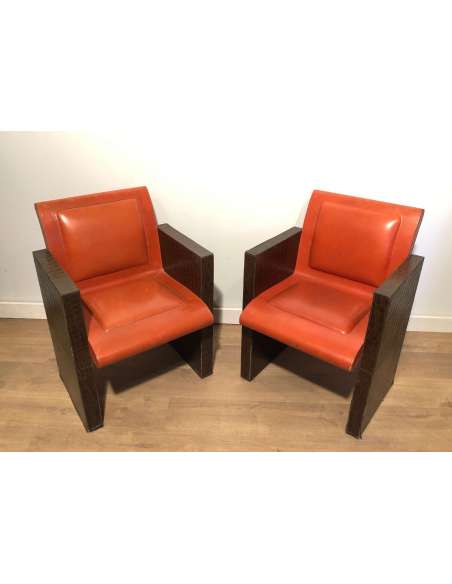 Pair of vintage leather armchairs from the 20th century-Bozaart