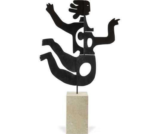 Sculpture in lacquered metal and travertine contemporary work