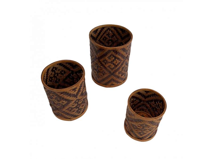 Set of 3 pencil pots in straw marquetry from the 20th century