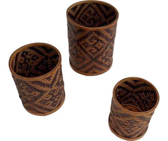 Set of 3 pencil pots in straw marquetry from the 20th century