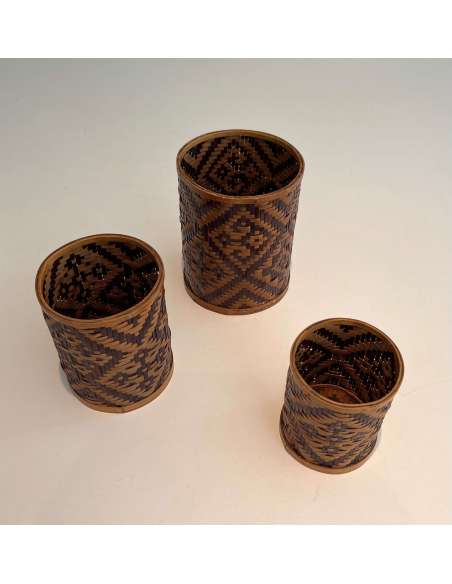 Set of 3 pencil pots in straw marquetry from the 20th century-Bozaart