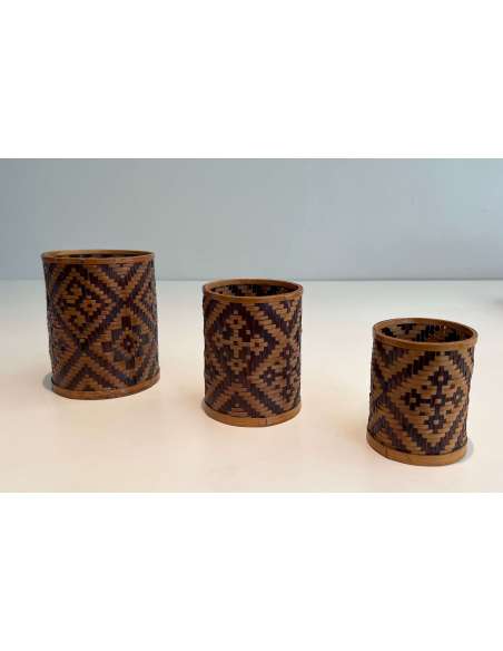Set of 3 pencil pots in straw marquetry from the 20th century-Bozaart