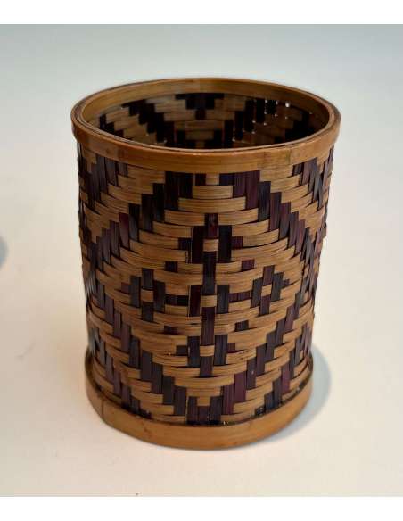 Set of 3 pencil pots in straw marquetry from the 20th century-Bozaart