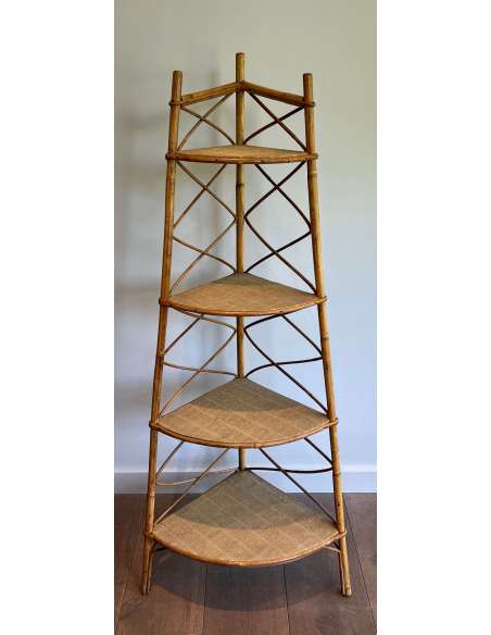 Vintage Rattan Corner Shelf by Audoux Minet. Year 50-Bozaart