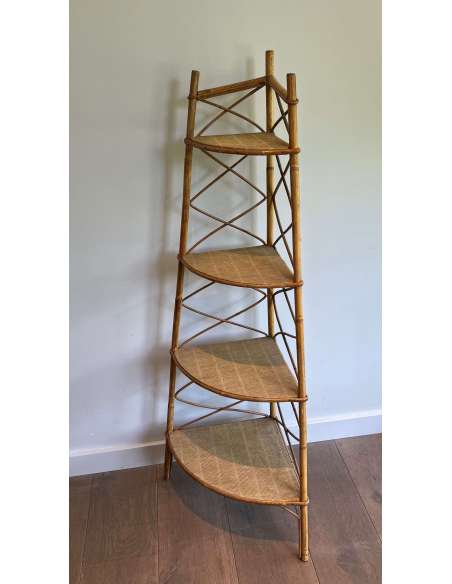 Vintage Rattan Corner Shelf by Audoux Minet. Year 50-Bozaart