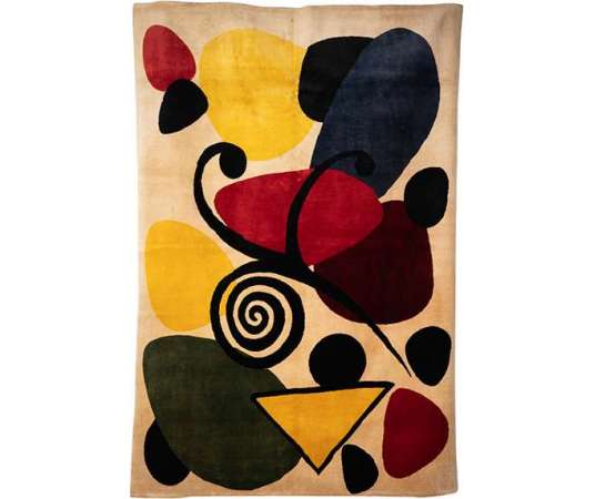 After	Alexander	Calder.	Rug,	or	tapestry abstract	and	in	wool. Contemporary	work.