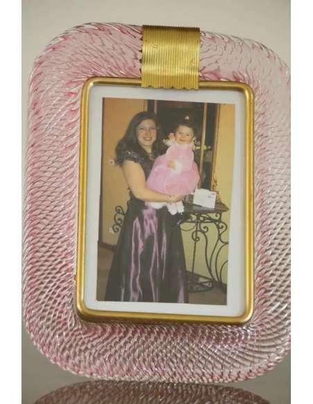 2000's Pink Twisted Murano Glass and Brass Photo Frame by Barovier e Toso-Bozaart