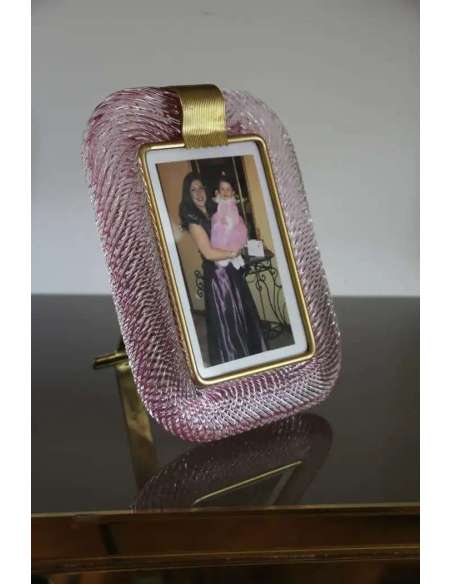 Cadre photo rose en verre de Murano et laiton de Barovier e Toso, années 2000-Bozaart