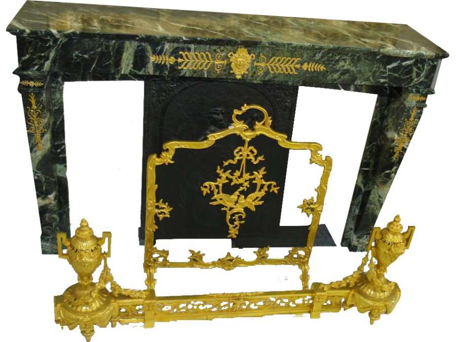 Old fireplace, 19th century in sea green marble with decorations of gilded bronze