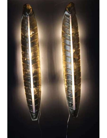 Pair of long golden Murano glass sconces, Barovier style-Bozaart