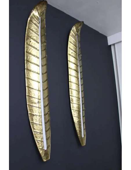 Pair of long golden Murano glass sconces, Barovier style-Bozaart