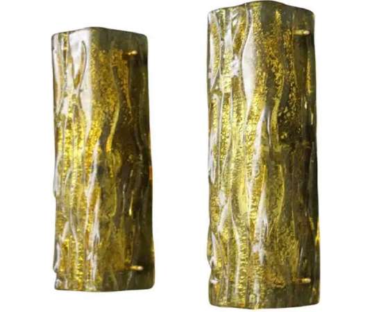 Paire d’appliques en verre doré de Murano, style Mazzega