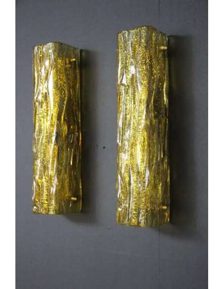 Pair of golden Murano glass wall sconces, Mazzega style-Bozaart