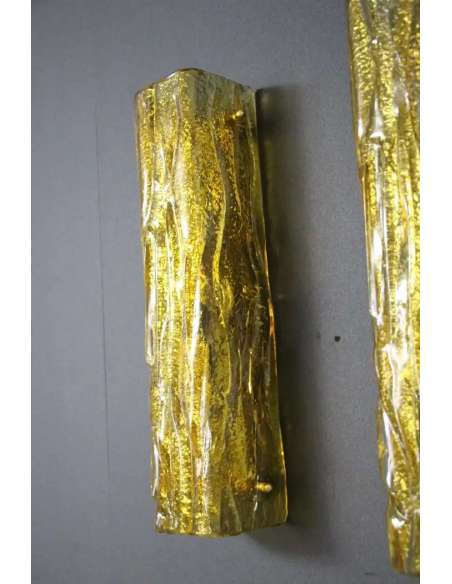 Paire d’appliques en verre doré de Murano, style Mazzega-Bozaart