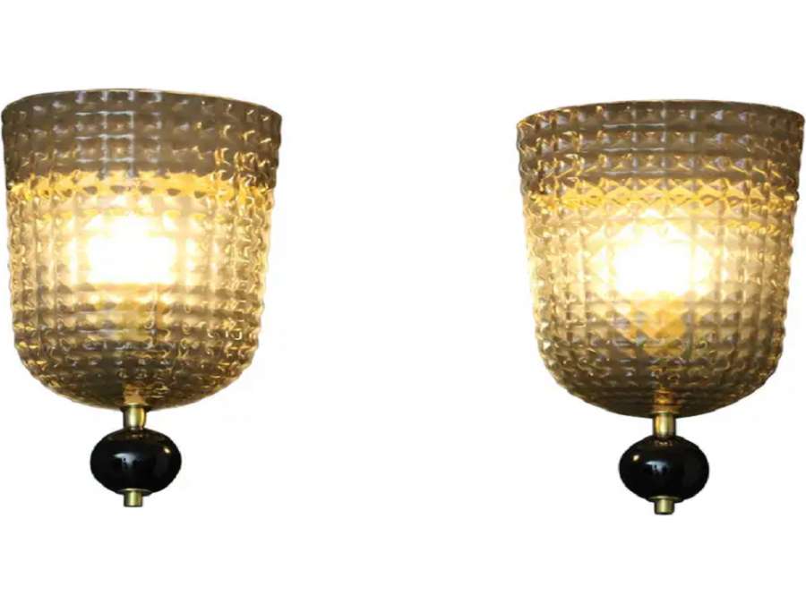 Pair of Smoked Textured Murano Glass Wall Sconces