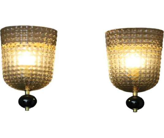 Pair of Smoked Textured Murano Glass Wall Sconces