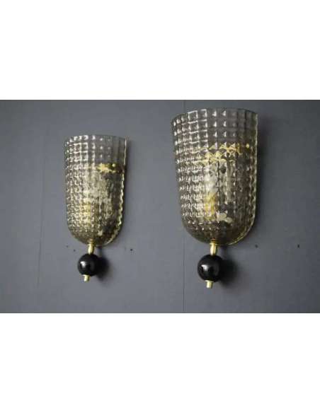 Pair of Smoked Textured Murano Glass Wall Sconces-Bozaart
