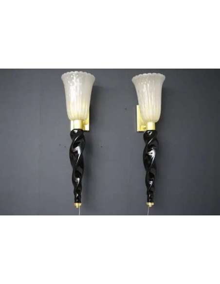 Golden and black Murano glass torch wall sconces by Barovier & Toso-Bozaart