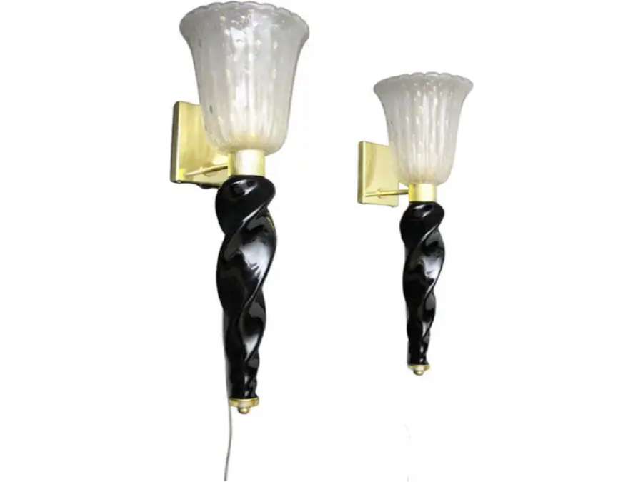 Golden and black Murano glass torch wall sconces by Barovier & Toso
