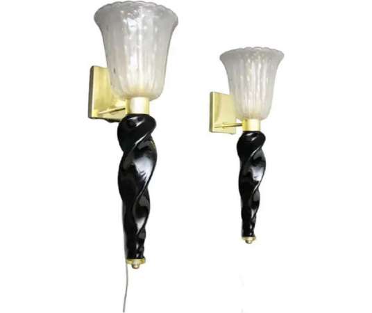 Golden and black Murano glass torch wall sconces by Barovier & Toso
