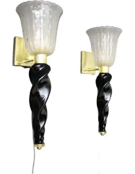 Appliques Torchères en verre doré et noir de Murano, de barovier & toso-Bozaart