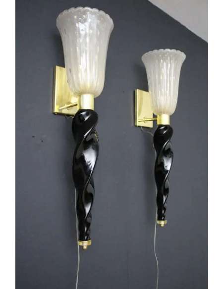 Appliques Torchères en verre doré et noir de Murano, de barovier & toso-Bozaart