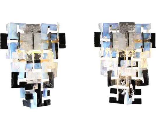 Paire d'appliques en verre opalescent et cristal par Carlo Nason